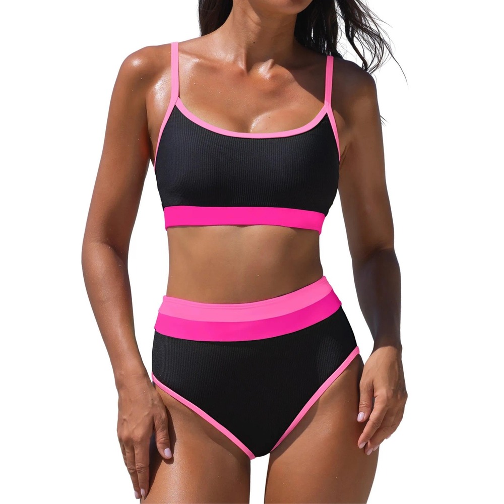 NWT Popvil Womens High Waisted Sporty Ribbed Black/Pink Bikini Medium